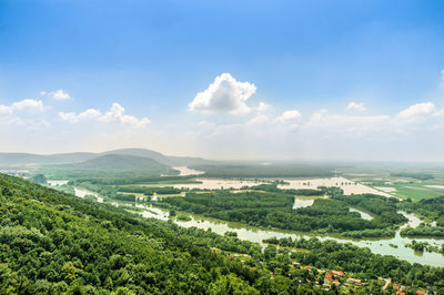 High angle view of field against sky