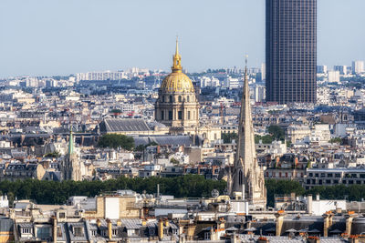 The view of hotel des invalides from top of arc de triomphe. gold colored dome in paris,