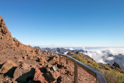 Scenic view of mountains against clear blue sky