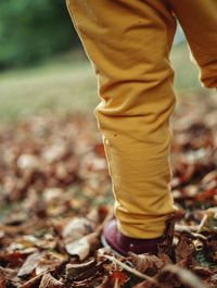 Low section of man standing on field during autumn