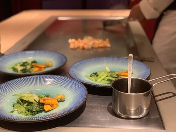 Close-up of food served on table