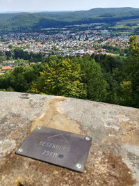 High angle view of information sign on landscape