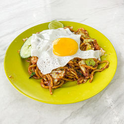 High angle view of food in plate on table