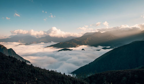 Panoramic view of mountains against sky during sunset