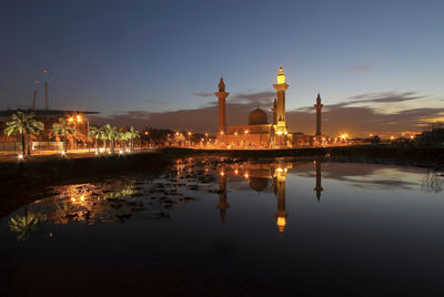 Reflection of illuminated building in water at night