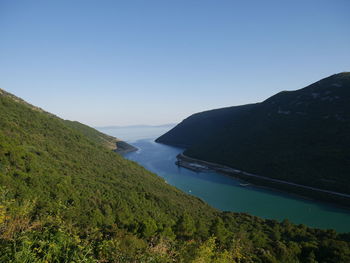 Scenic view of sea and mountains against clear sky