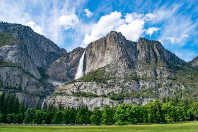 Scenic view of waterfall flowing from rocky mountains against sky