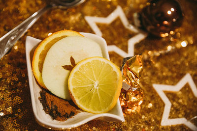 High angle view of christmas decorations on table