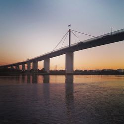 View of suspension bridge in city at sunset