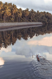 High angle view of man sailing boat in lake against trees