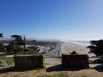 Scenic view of sea against clear blue sky