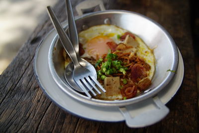 High angle view of food in bowl on table