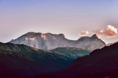 Scenic view of mountains against sky during sunset
