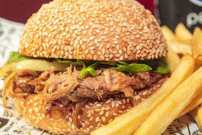 Close-up of burger in plate on table