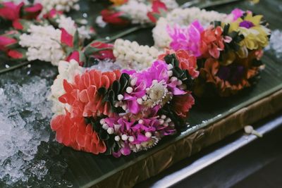 High angle view of pink flowers on plant