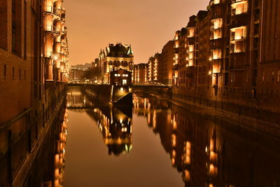 Reflection of illuminated buildings in canal at night