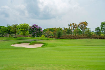 Scenic view of golf course against sky