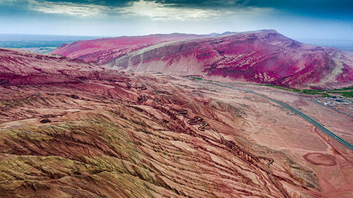 High angle view of land against sky