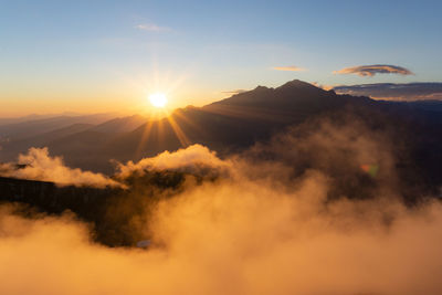 Scenic view of silhouette mountains against sky during sunset