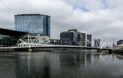 Bridge over river against buildings in city