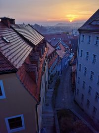 High angle view of townscape against sky at sunset