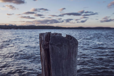 Close-up of pole in rippled water