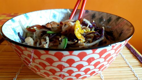 Close-up of noodles in bowl on table