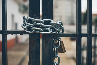 Close-up of padlock and chain on metal gate