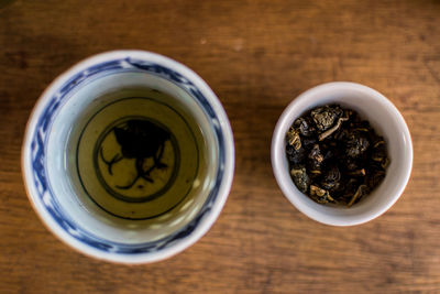 High angle view of tea served on table