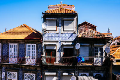 Low angle view of houses against clear sky