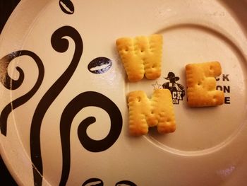 High angle view of cookies in plate