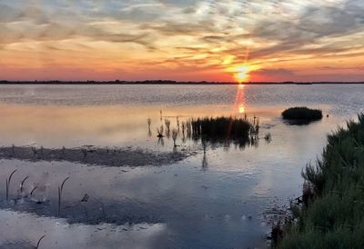 Scenic view of lake against sky during sunset