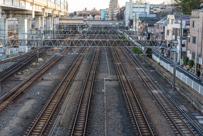 High angle view of railroad tracks amidst buildings in city