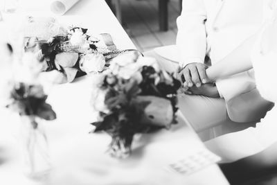 High angle view of people on table