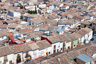 High angle view of houses in town