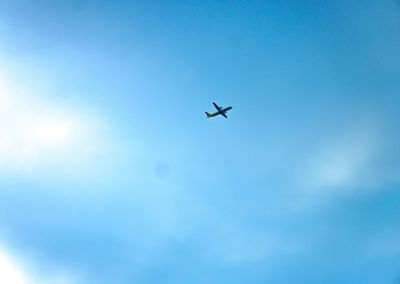 Low angle view of airplane flying in blue sky