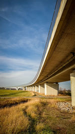 View of bridge over field against sky