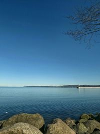 Scenic view of sea against clear blue sky