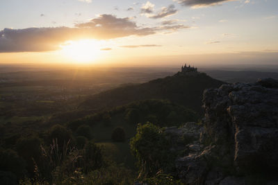 Sunset view of hohenzollern castle from zellernhorn viewing point.