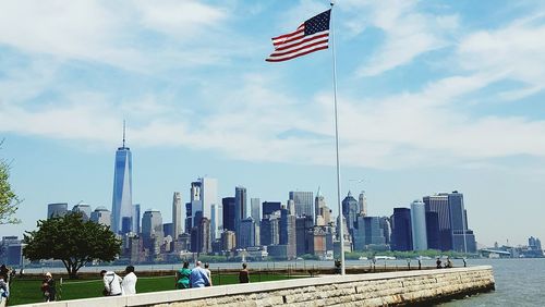 American flag in city