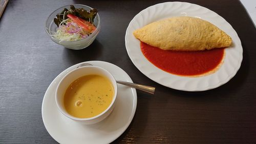 High angle view of breakfast served on table