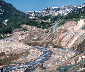 Scenic view of mountains against sky with kamchatka's valley of geysers 