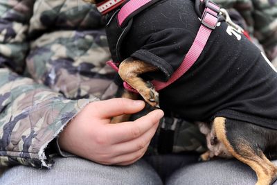 Midsection of man holding dog