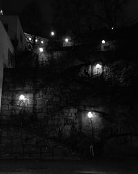 Illuminated street light against trees at night