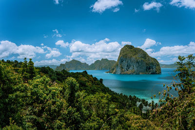 Scenic view of bay against sky