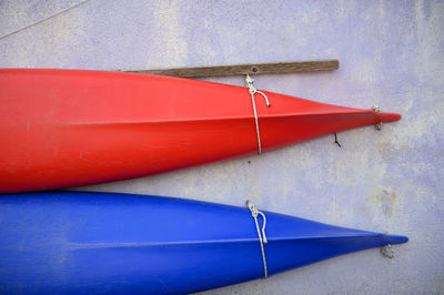 High angle view of red flags hanging on wall