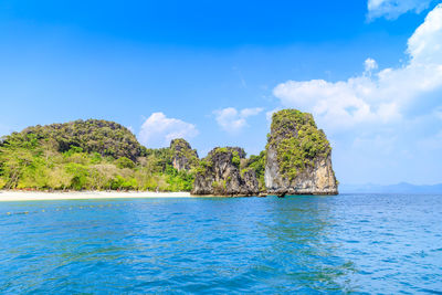 Beautiful beach and cliff with blue sea at koh hong island at krabi, thailand