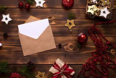 High angle view of christmas decoration on table