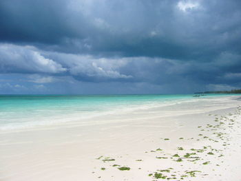 Scenic view of beach against cloudy sky