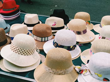 High angle view of hats for sale in market